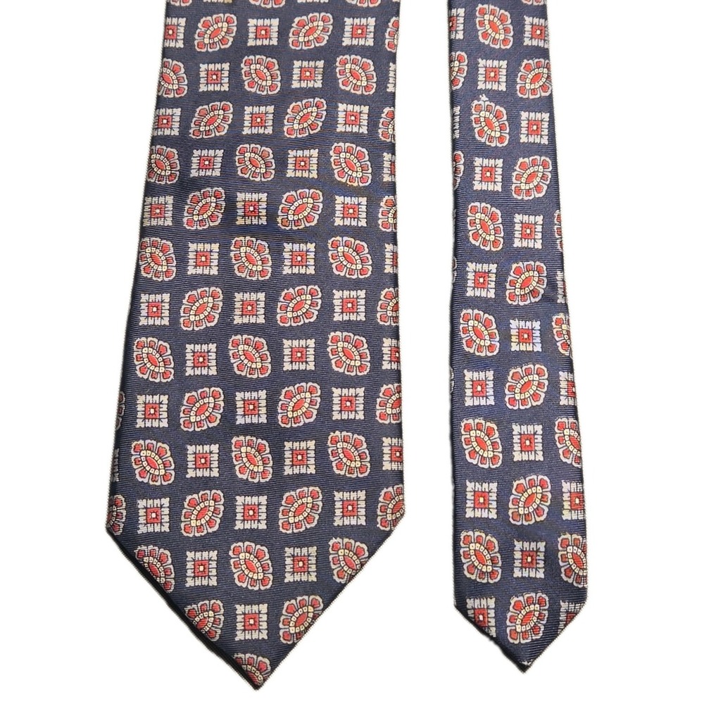 Vintage Bert Pulitzer Tie Silk Foulard Medallion Paisley Navy Blue Red Necktie